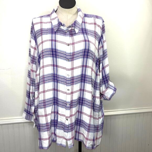 Catherines Plus Size 4X Top Plaid Button Up Roll Tab Sleeve Classic Soft Preppy - Picture 1 of 13